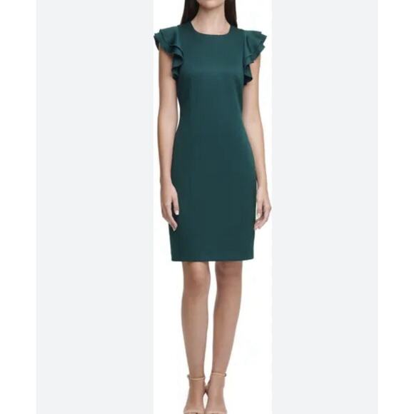 Tommy Hilfiger Dresses & Skirts - Tommy Hilfiger Forest Green Stretch Pencil Dress Size 12 Ruffle Cap Sleeve